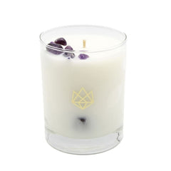 Aluminate Life amethyst crystal infused candle in a 14.5 oz jar for relaxing spaces.