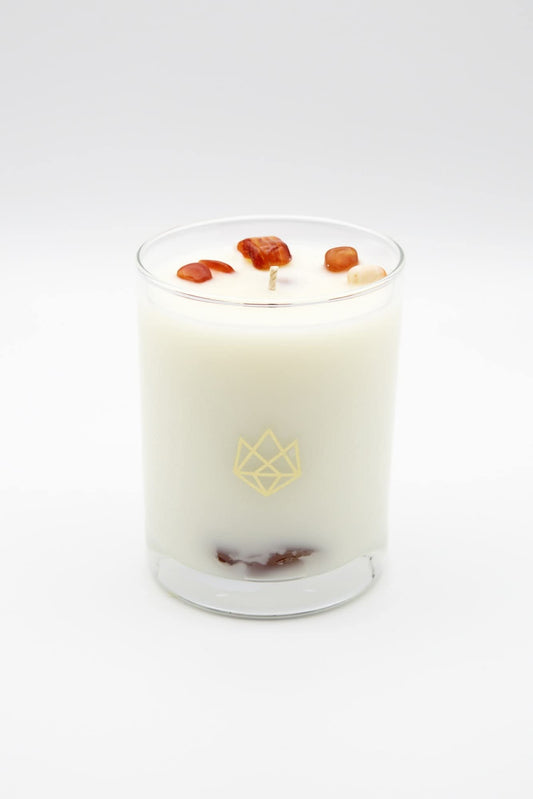 Aluminate Life red carnelian crystal-infused candle for focus and motivation.