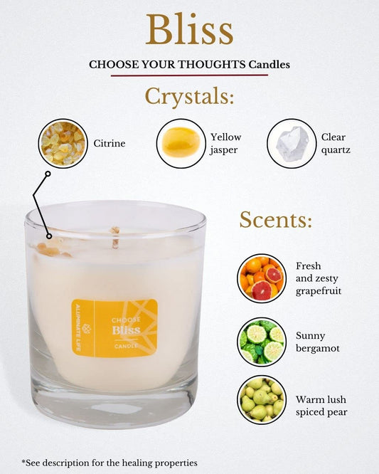 Aluminate Life citrine crystal infused candle with visible crystals for uplifting ambiance