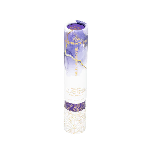 Aluminate Life crystal-infused rollerball highlights amethyst, tourmaline, quartz for clarity.