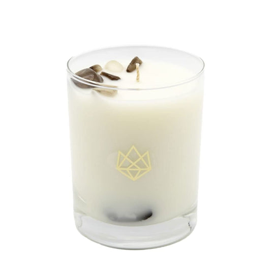 Aluminate Life Defense candle in a glass jar front view for cozy ambiance