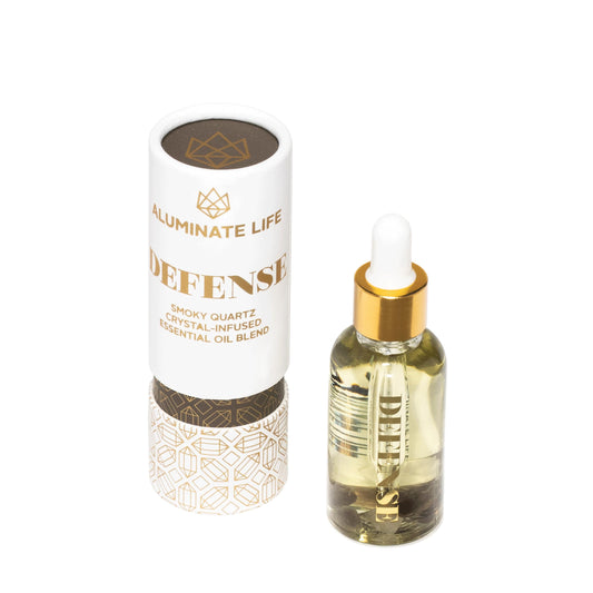 Aluminate Life Defense smoky quartz vial front view highlight protective crystal infusion and aroma.