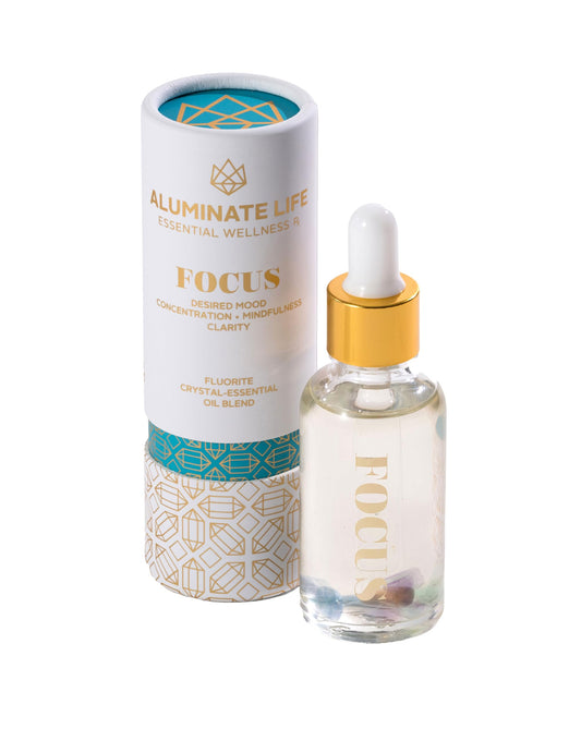 Aluminate Life Focus essential oil vial with fluorite crystal infusion for a focused mood and refreshing aromas