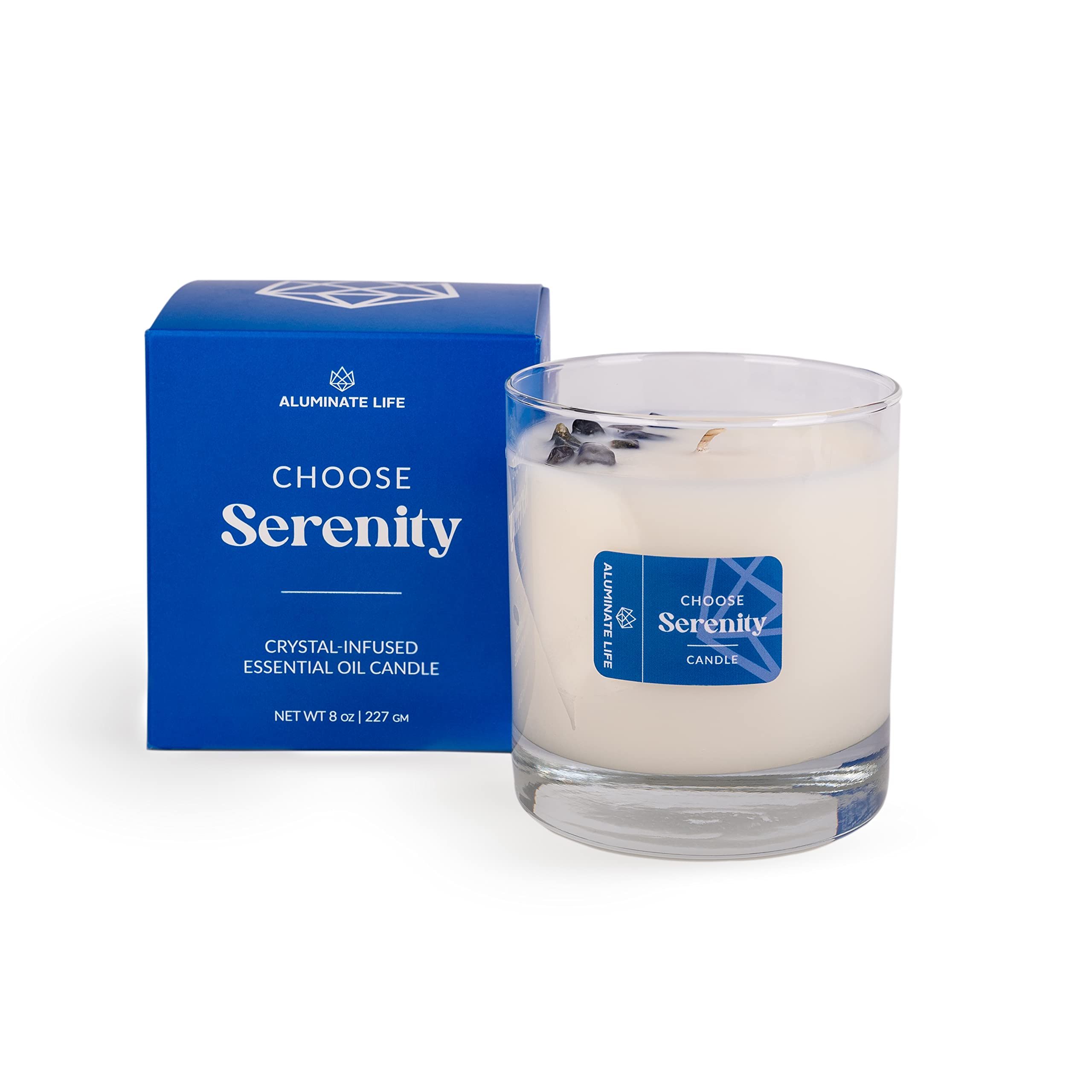 Aluminate Life luxury candle with serenity grass-cypress-vanilla-sandalwood for peaceful evenings.