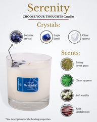 Aluminate Life crystal-infused candle featuring sodalite and quartz crystals for mindful ambiance.