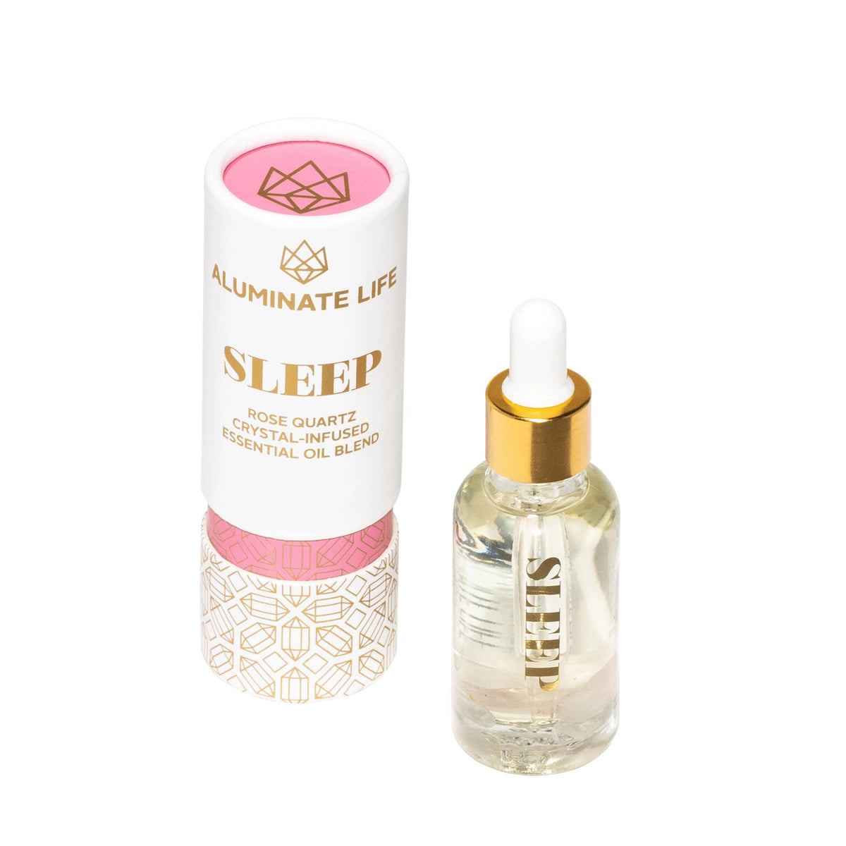 Aluminate Life Sleep oil vial with rose quartz infusion for aromatherapy.