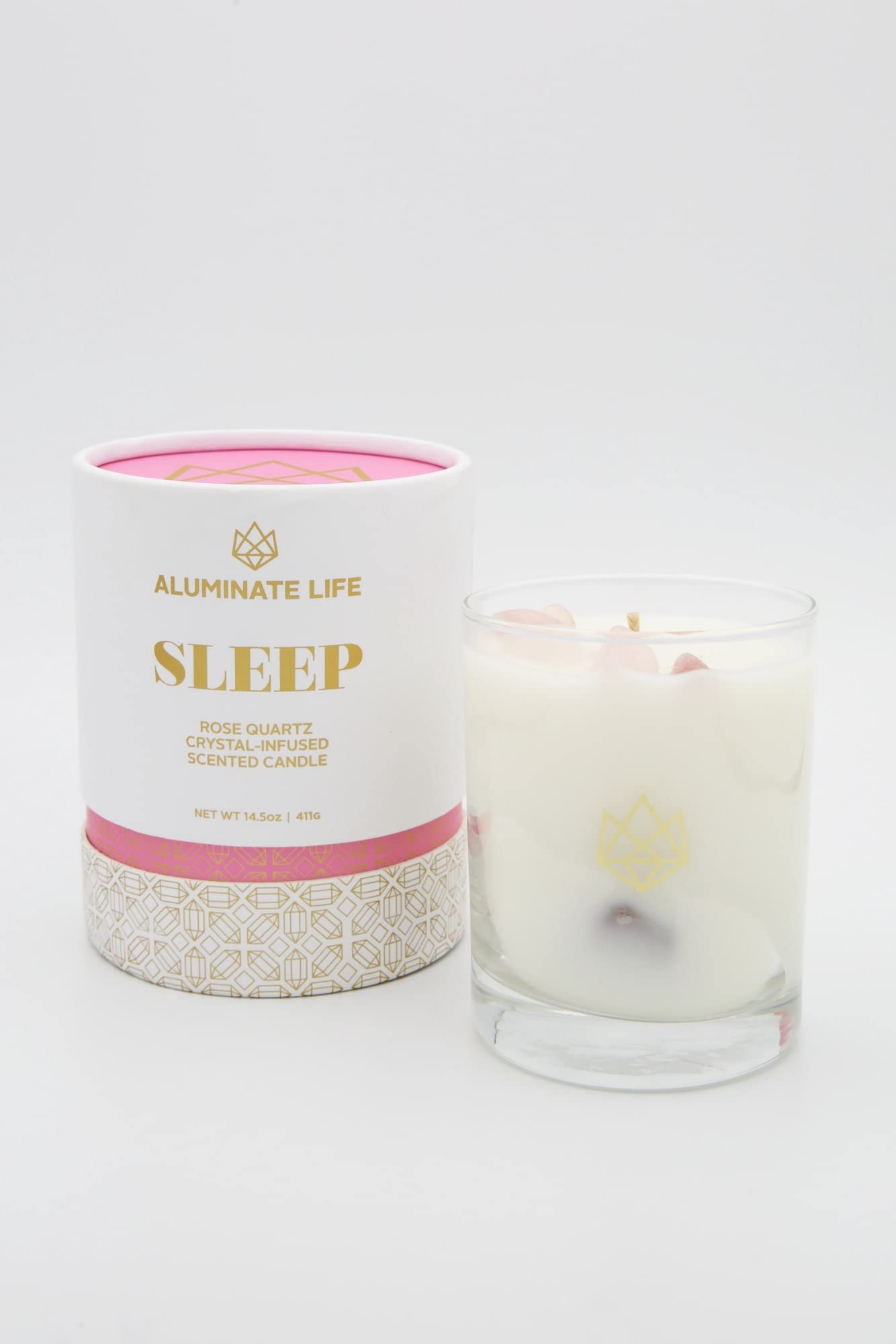 Aluminate Life Sleep candle with rose quartz crystal for relaxing ambience