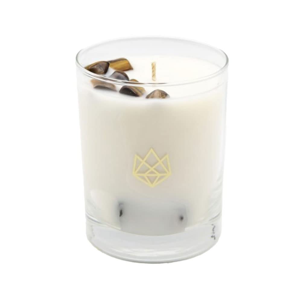 Aluminate Life tiger eye crystal candle jar glows softly for meditation ambiance.