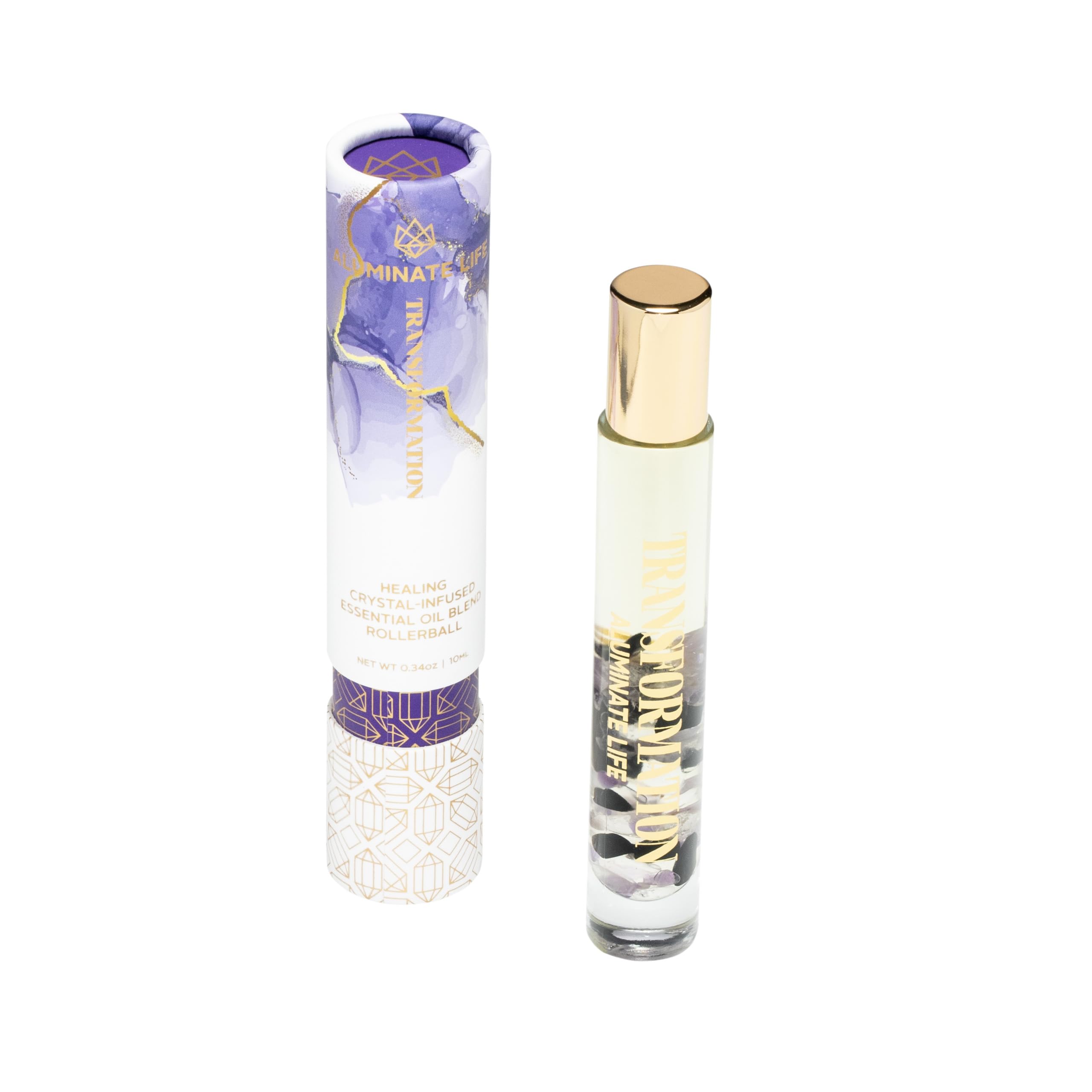 Aluminate Life transformation rollerball amethyst bottle delivering calming aroma.