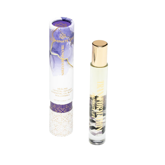 Aluminate Life transformation rollerball amethyst bottle delivering calming aroma.