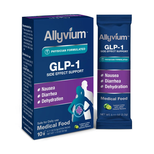 Alyvium single-serving stick pack for nausea and diarrhea relief and hydration.