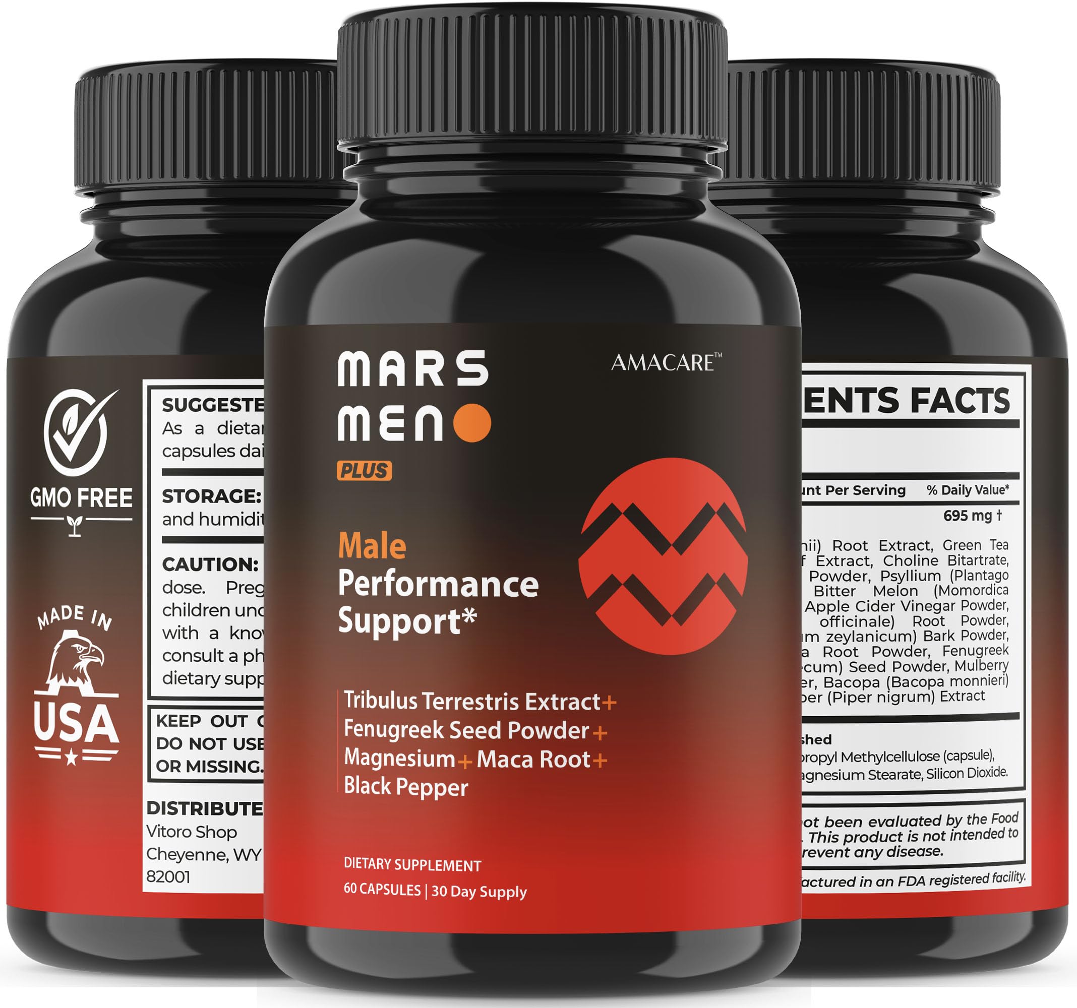 AMACARE Mars Men Plus bottle with capsules beside a glass of water.