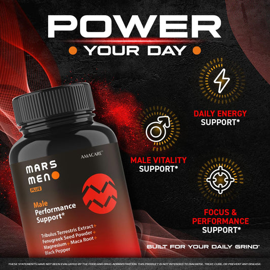 AMACARE Mars Men Plus capsules close-up showing easy-to-take daily capsules.
