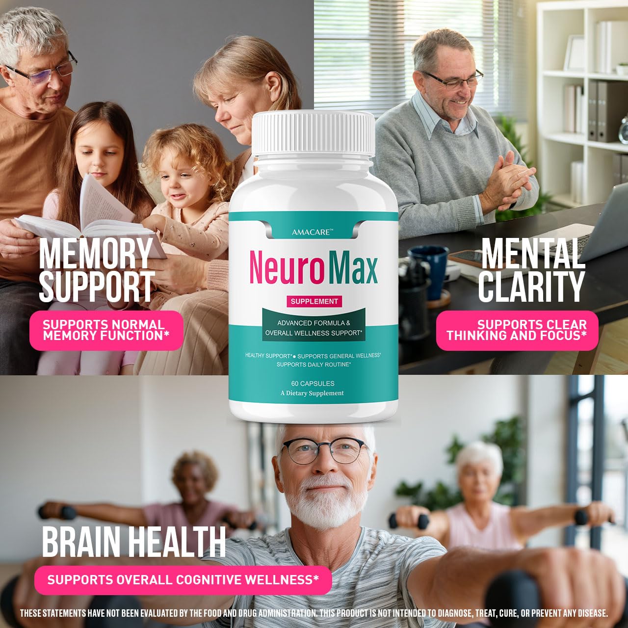 AMACARE Neuromax packaging-label shows ingredients and three-month supply