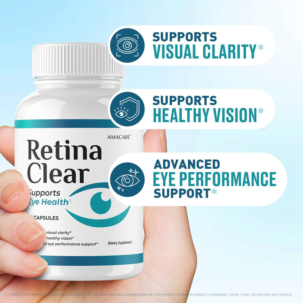 AMACARE Retina Clear bottle label highlighting USA GMP-quality