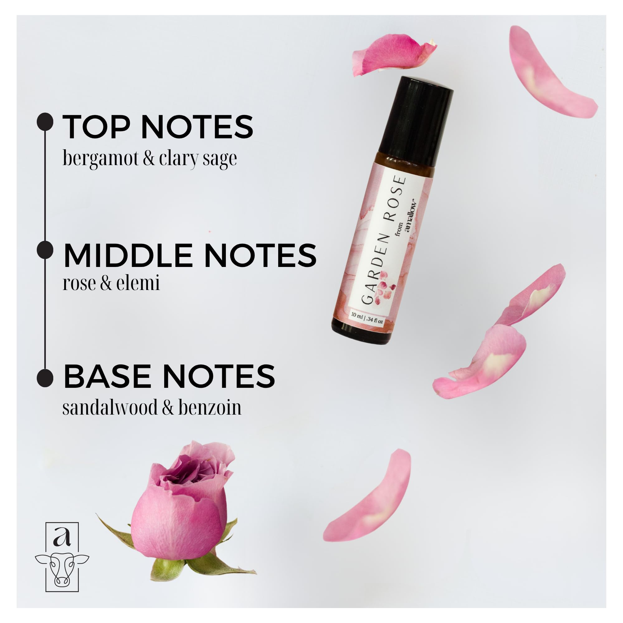 Amallow Garden Rose roller application shows a gentle, long-lasting floral scent for daily use