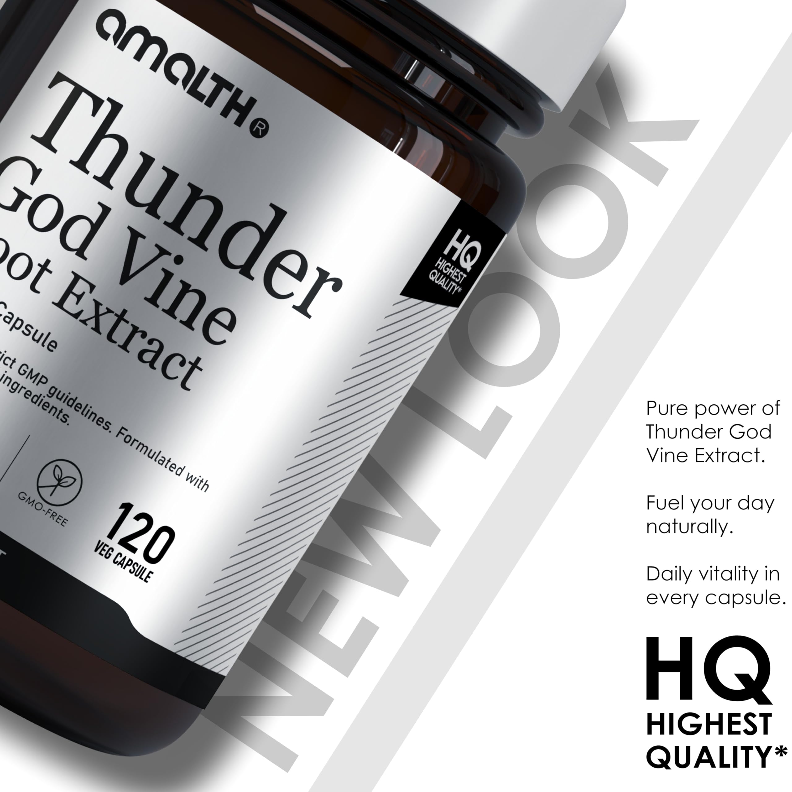 Close-up of AMALTH Thunder God Vine Root capsules for easy daily dosage.