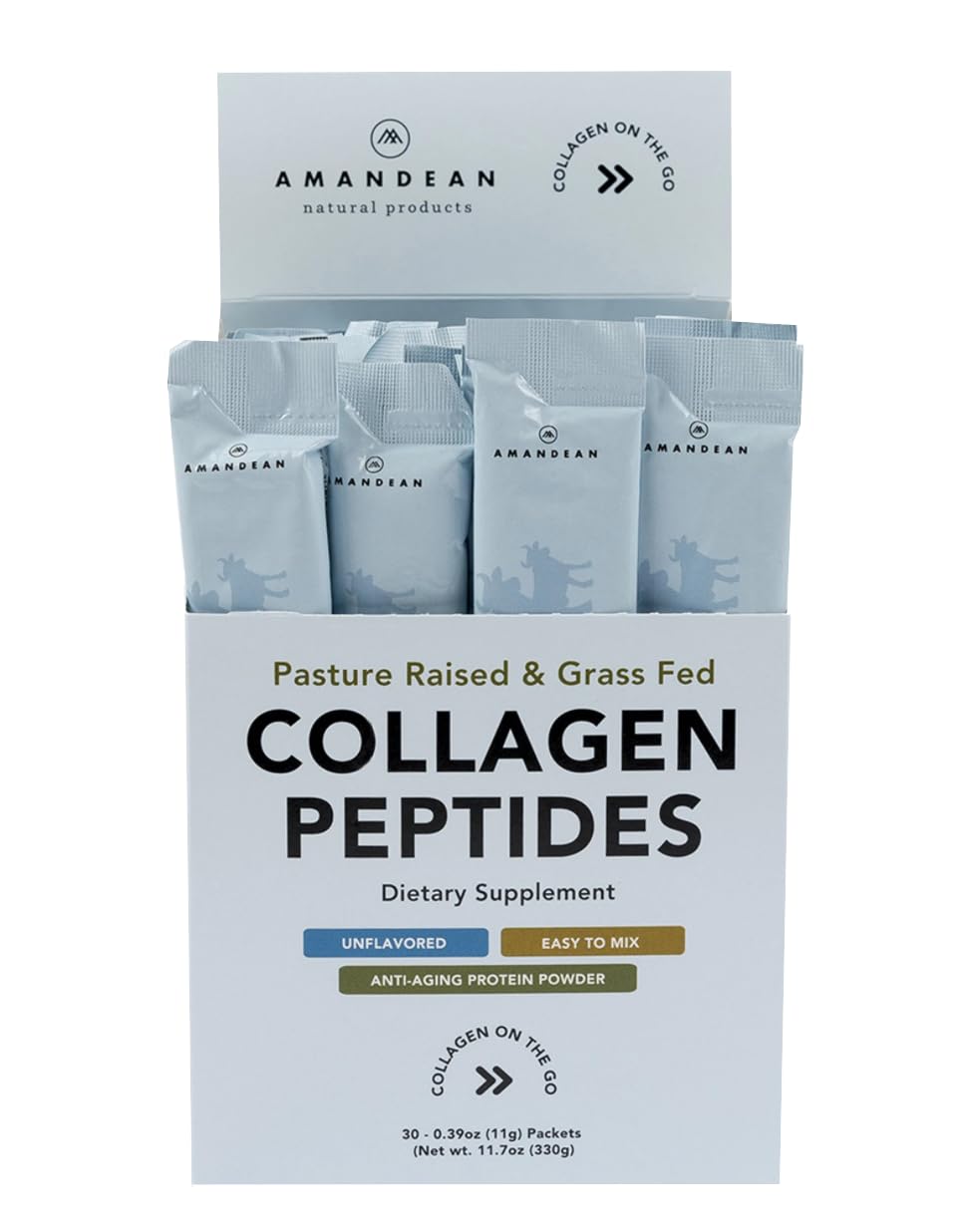 AMANDEAN collagen packets front view, showcasing travel-friendly sticks for easy daily use.
