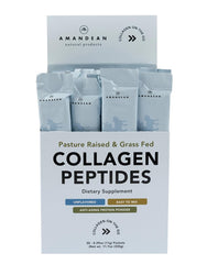 AMANDEAN collagen packets front view, showcasing travel-friendly sticks for easy daily use.