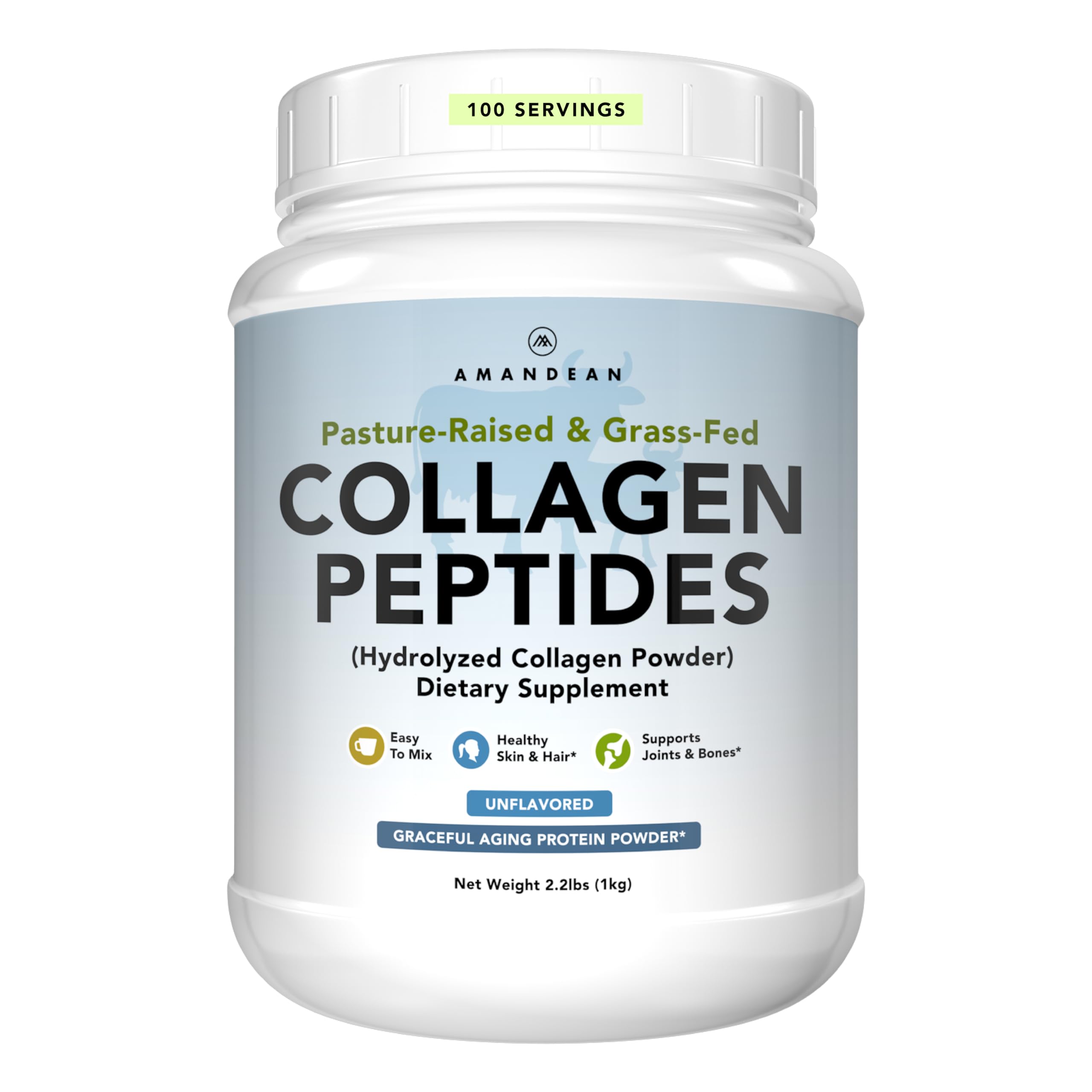 AMANDEAN Collagen Powder 1kg jar on kitchen counter, grass-fed quality for everyday use