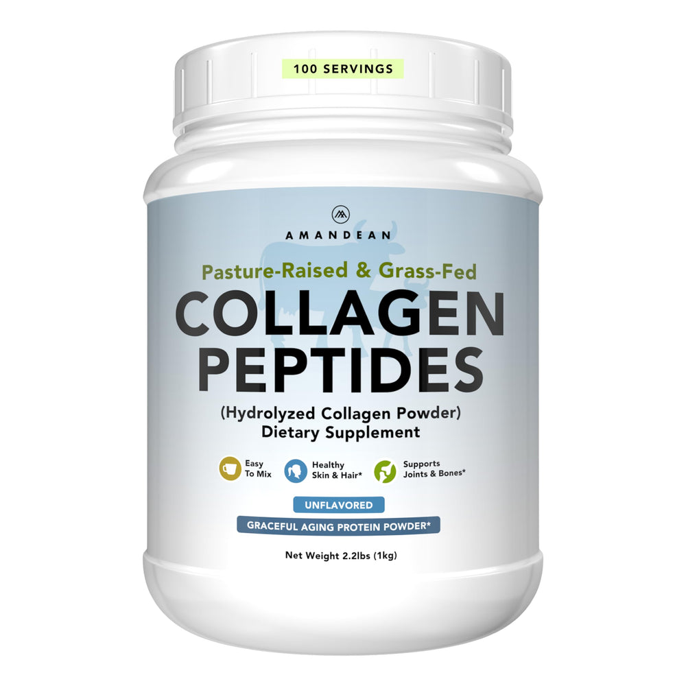 AMANDEAN Collagen Powder 1kg jar on kitchen counter, grass-fed quality for everyday use