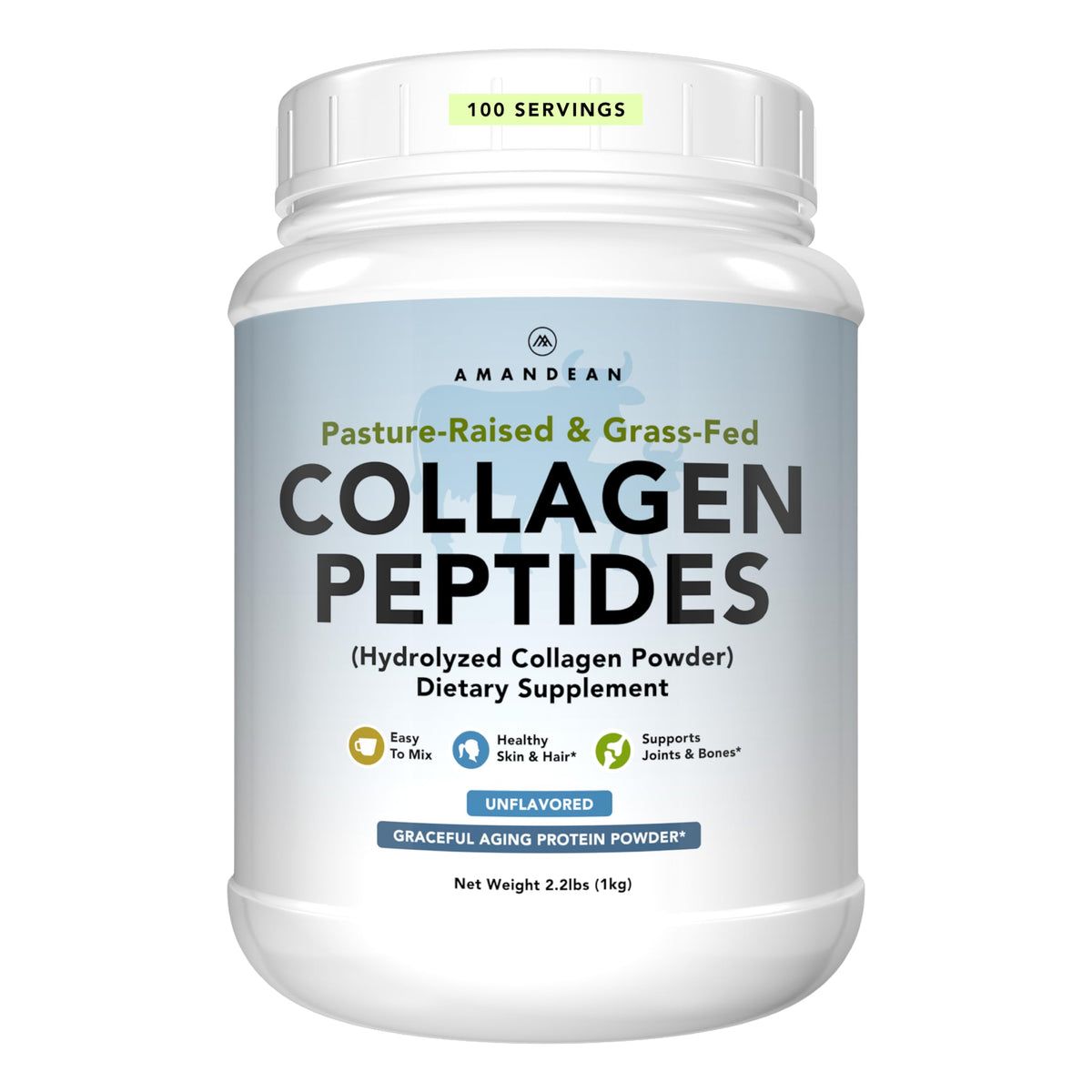 AMANDEAN Collagen Powder 1kg jar on kitchen counter, grass-fed quality for everyday use