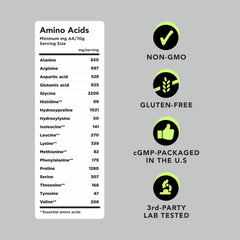 Label of AMANDEAN Collagen Powder highlighting grass-fed, non-GMO, third-party tests