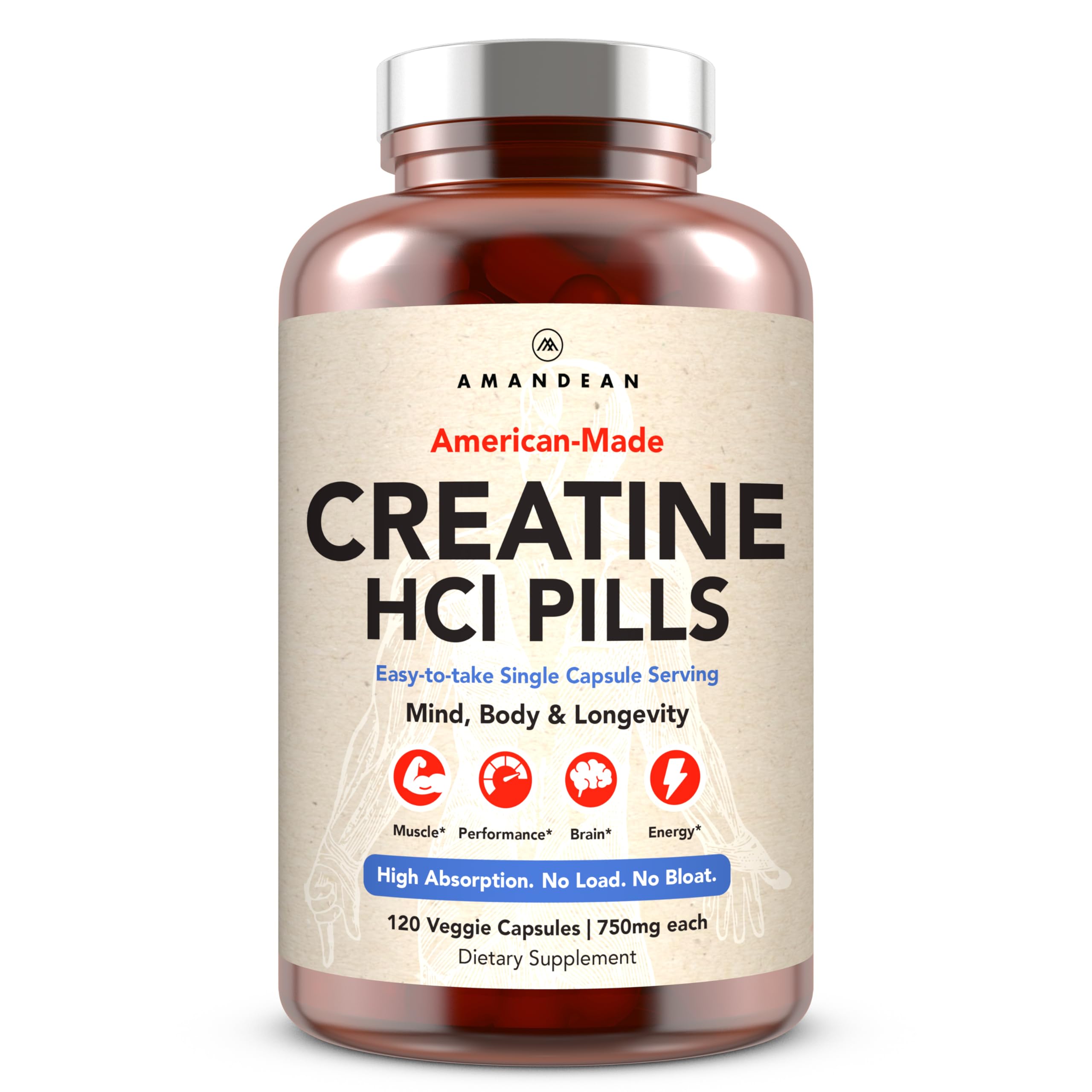 AMANDEAN Creatine HCl pills bottle on counter for daily supplementation