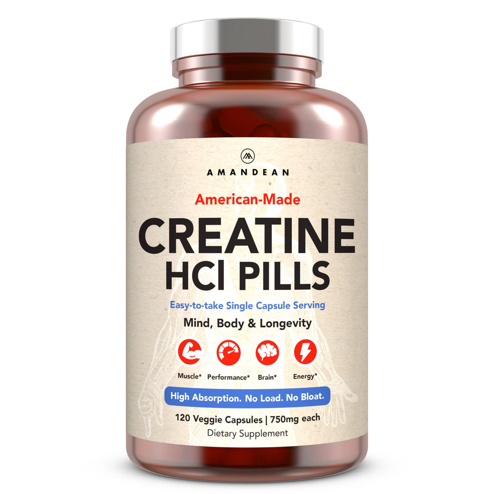 AMANDEAN Creatine HCl pills bottle on counter for daily supplementation