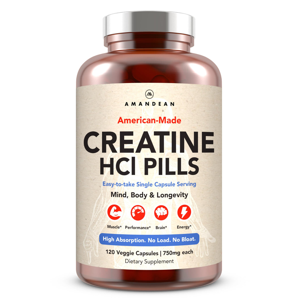 AMANDEAN Creatine HCl pills bottle on counter for daily supplementation