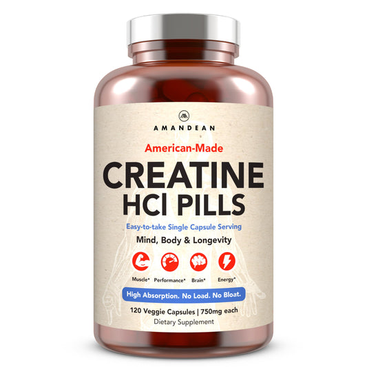 AMANDEAN Creatine HCl pills bottle on counter for daily supplementation