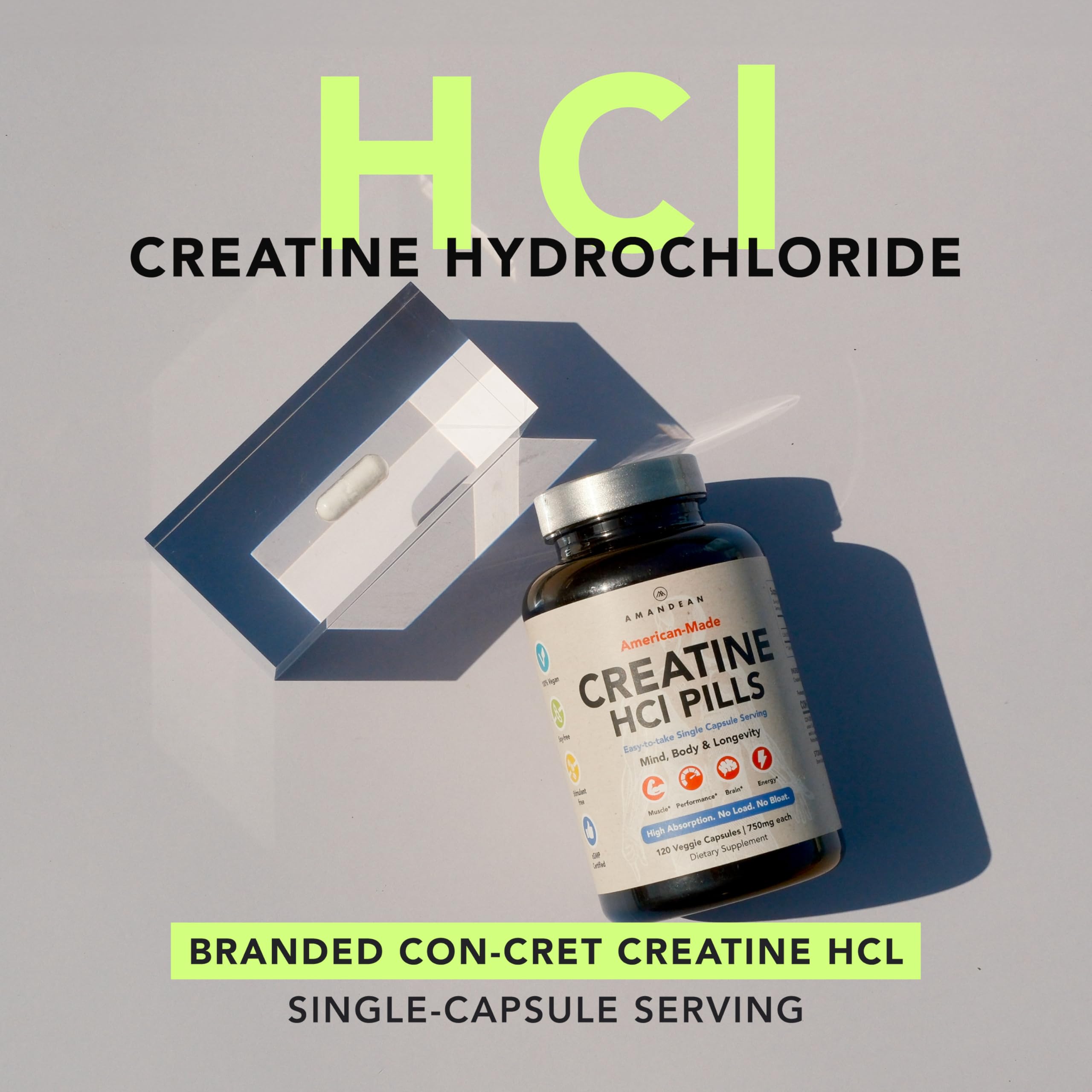 AMANDEAN Creatine HCl pills closeup capsules boosting workout energy