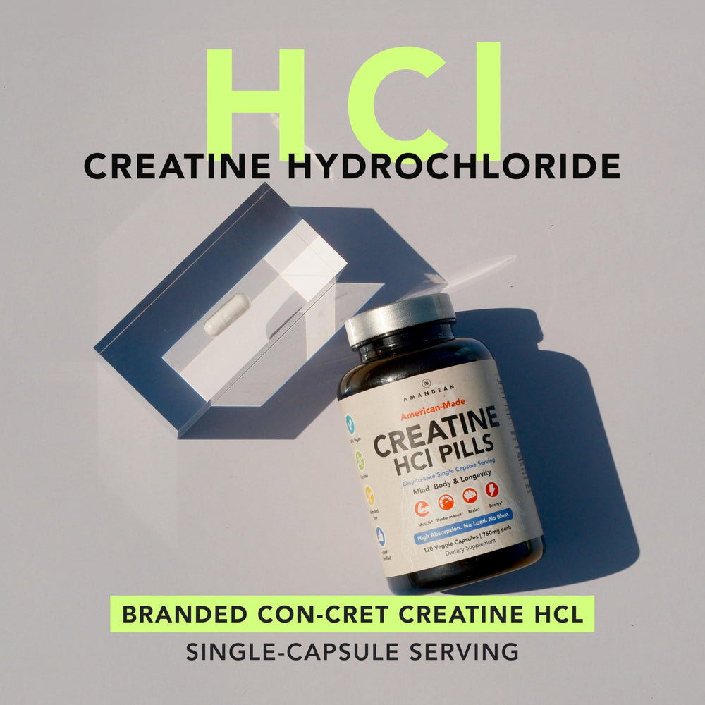 AMANDEAN Creatine HCl pills closeup capsules boosting workout energy