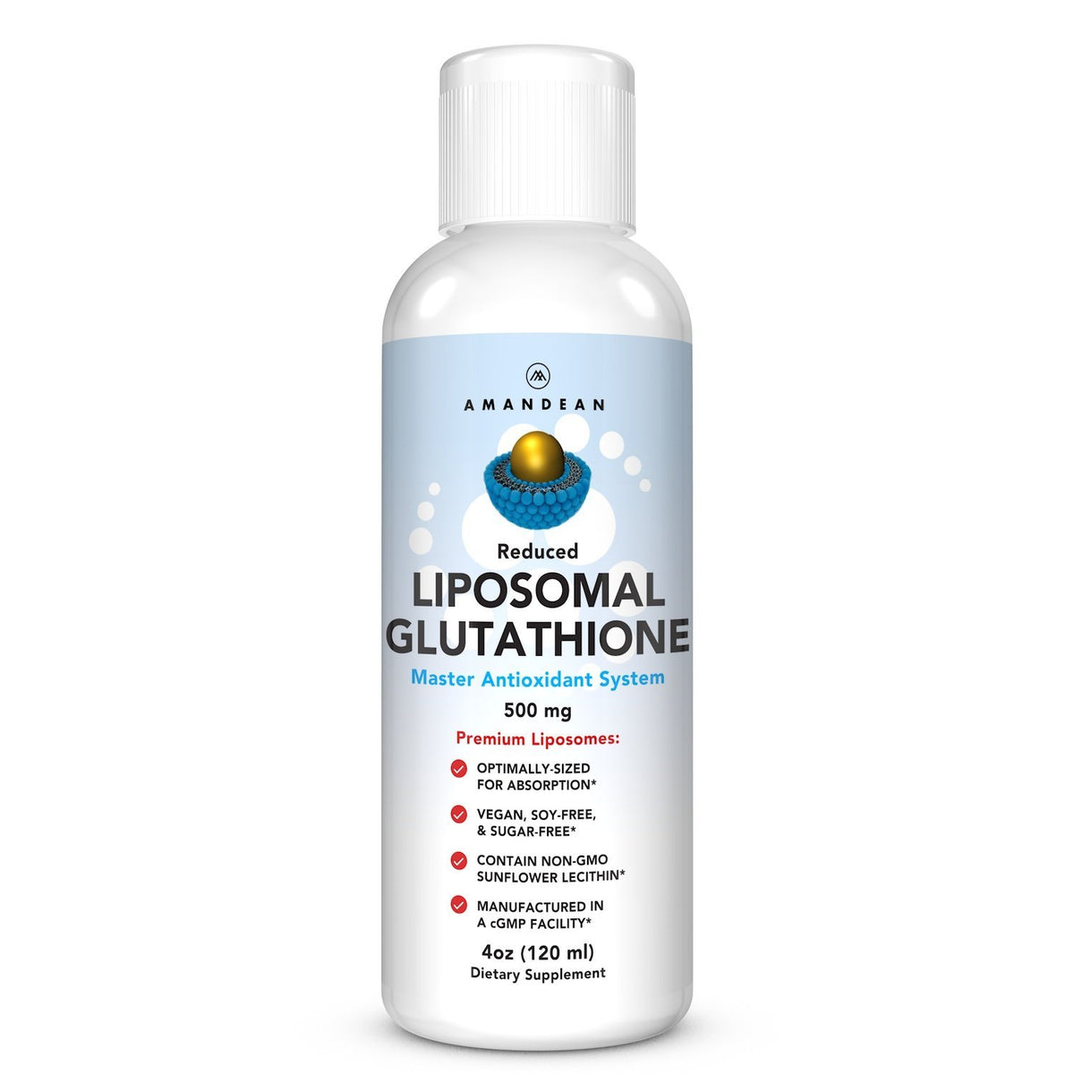 AMANDEAN liposomal glutathione bottle promoting cellular health and antioxidant activity.