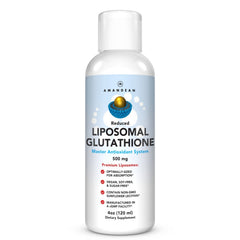 AMANDEAN liposomal glutathione bottle promoting cellular health and antioxidant activity.