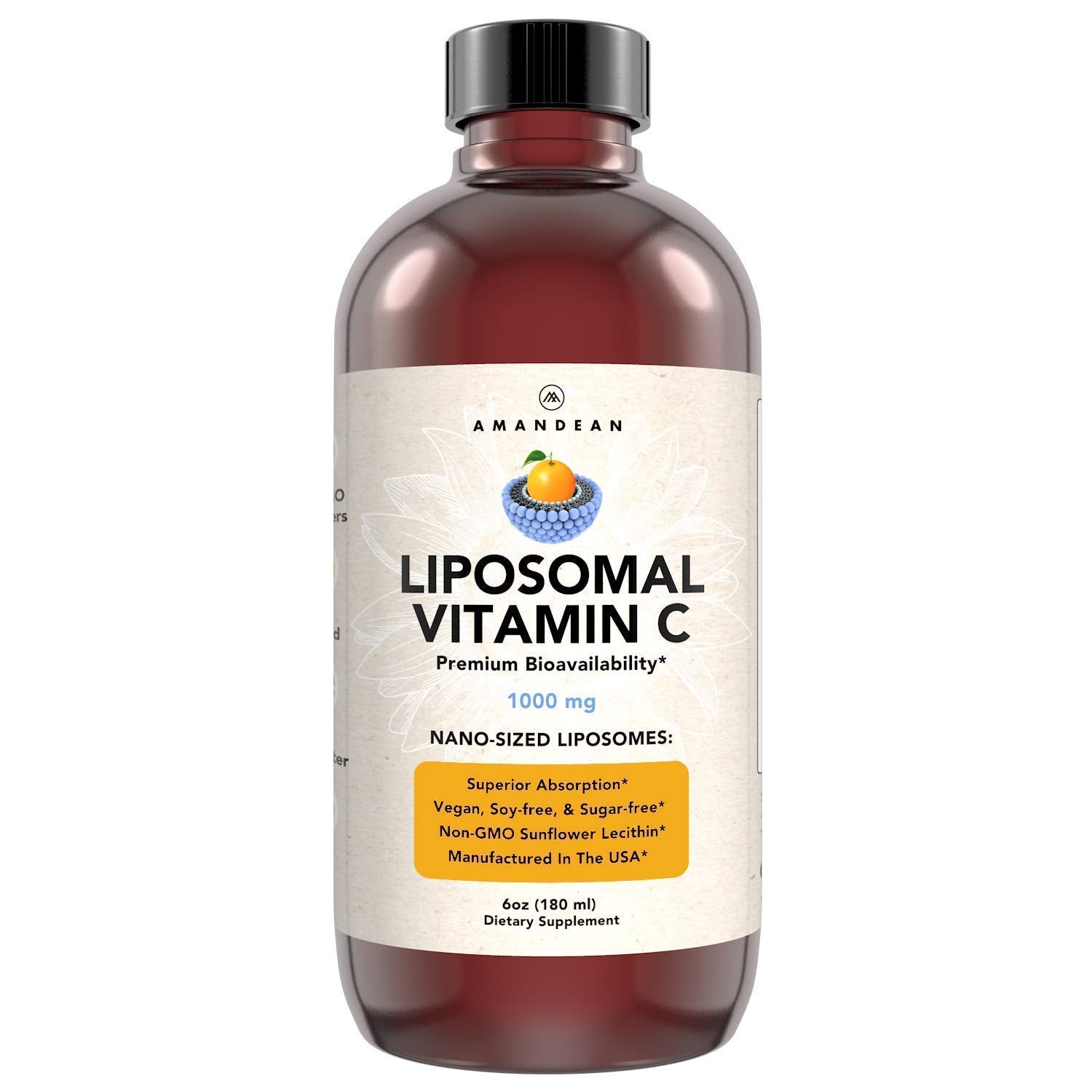 AMANDEAN Liposomal Vitamin C 1000mg bottle on a kitchen counter highlighting immune support