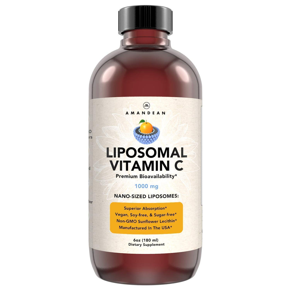 AMANDEAN Liposomal Vitamin C 1000mg bottle on a kitchen counter highlighting immune support