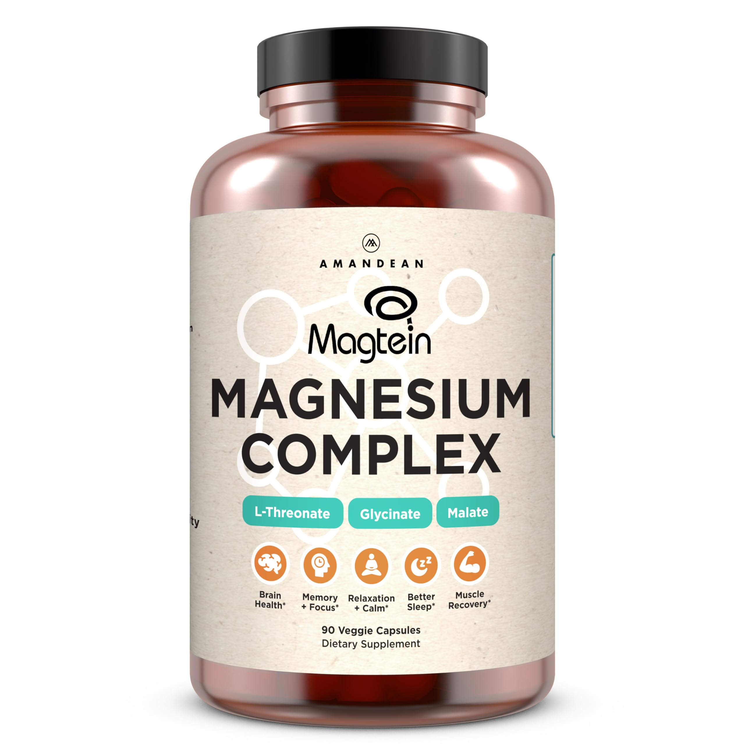 AMANDEAN Magtein bottle label highlighting triple magnesium blend for cognitive support.