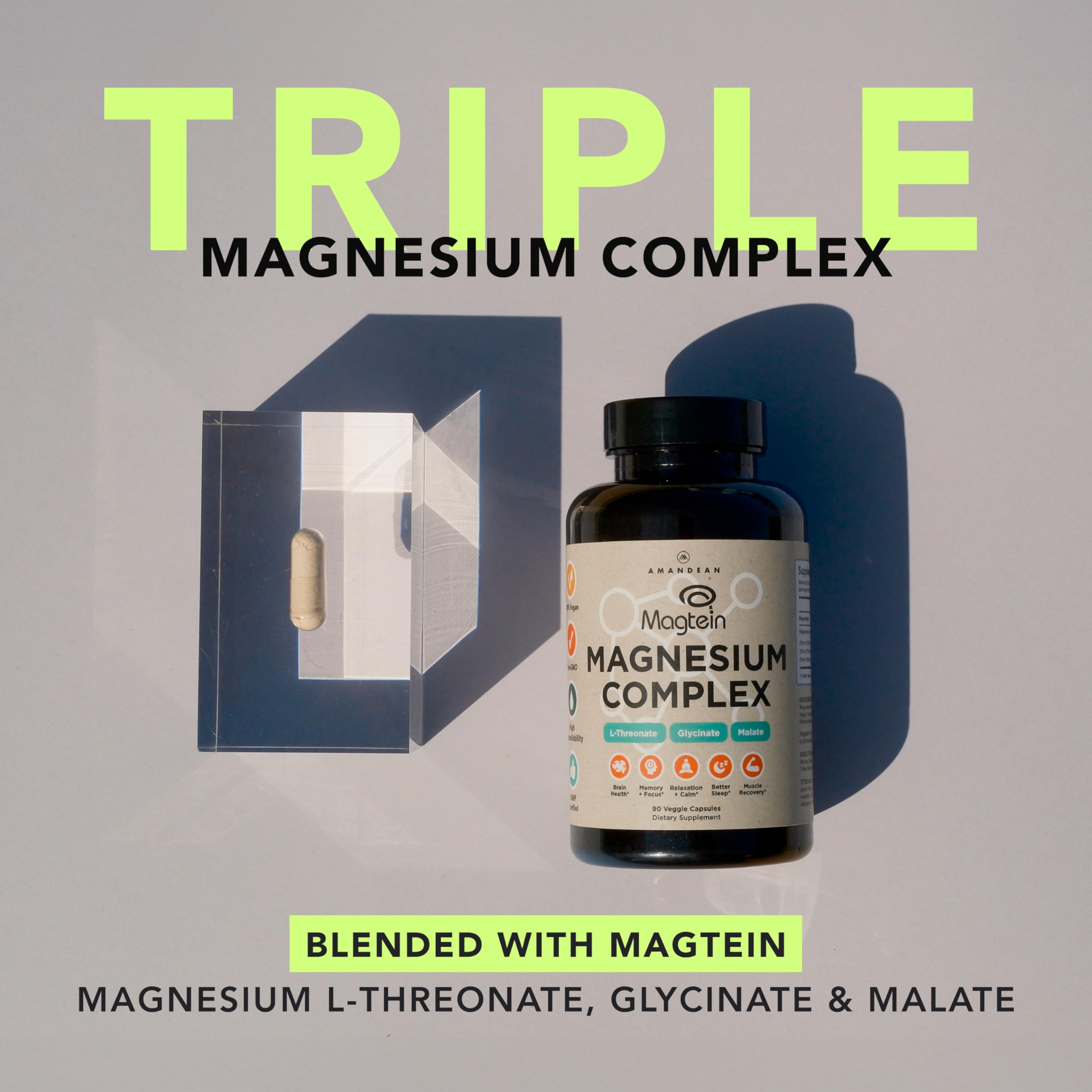 AMANDEAN Magtein capsules pouring to show easy daily dosage.