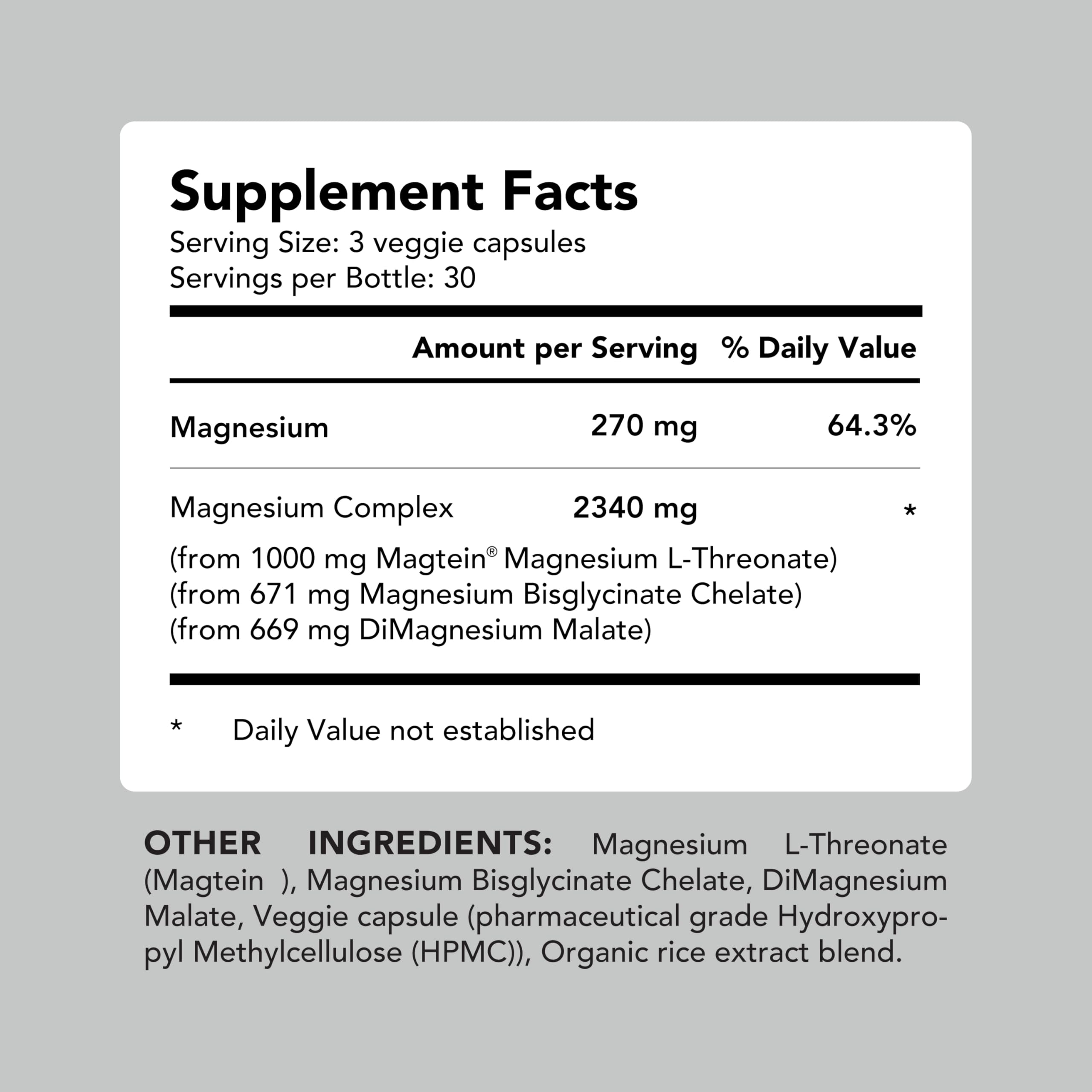 AMANDEAN Magtein dosage card showing 270 mg elemental magnesium per dose.