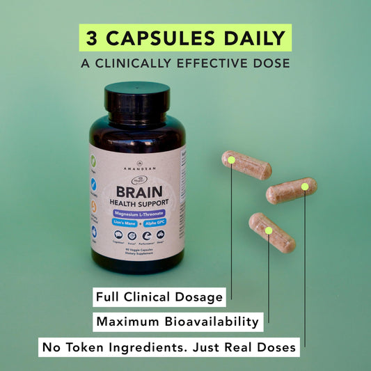 AMANDEAN capsules closeup emphasizing easy swallowing and vegan formula.
