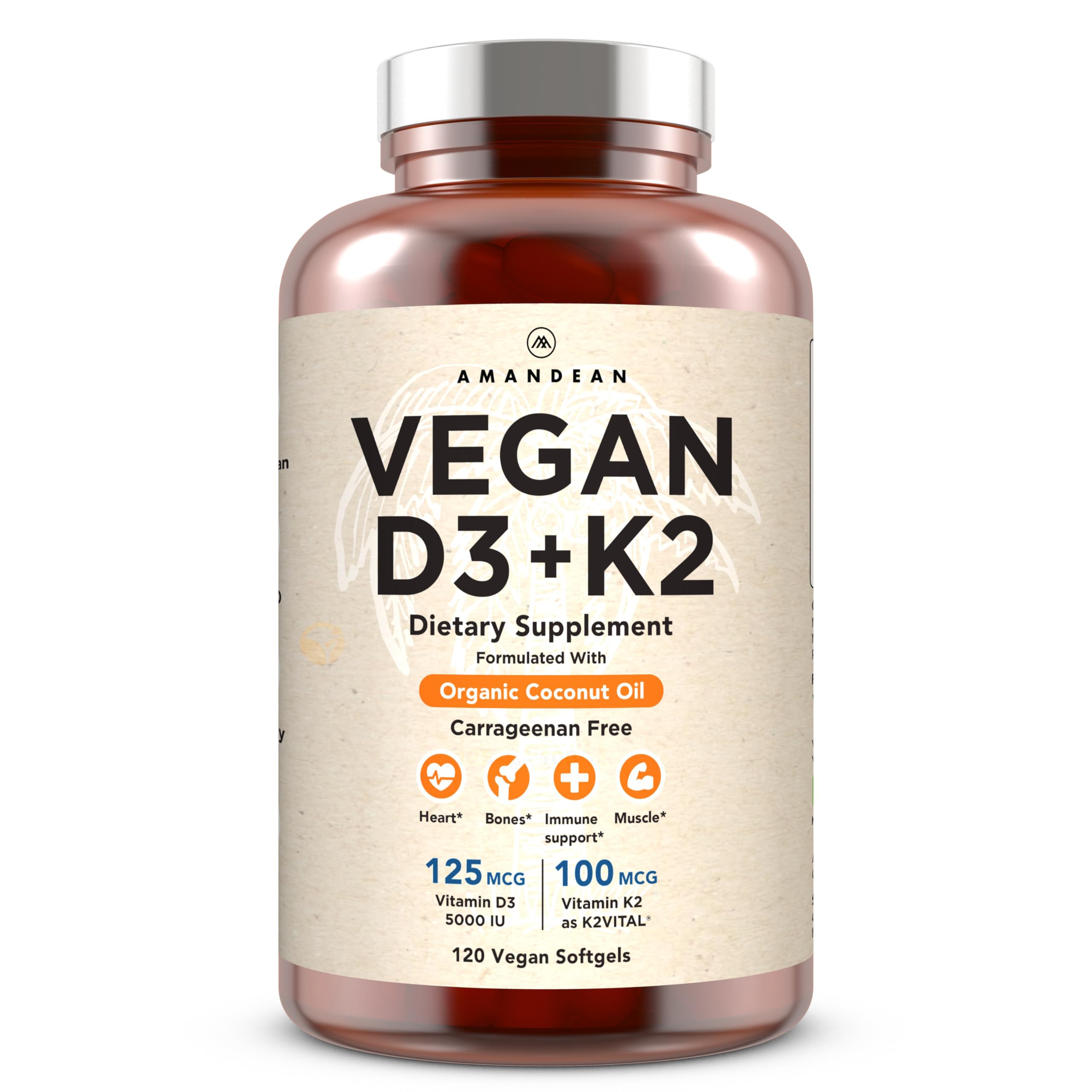 AMANDEAN vegan d3-k2 algal softgels illustrate a plant-based formula supporting bone health and immune resilience
