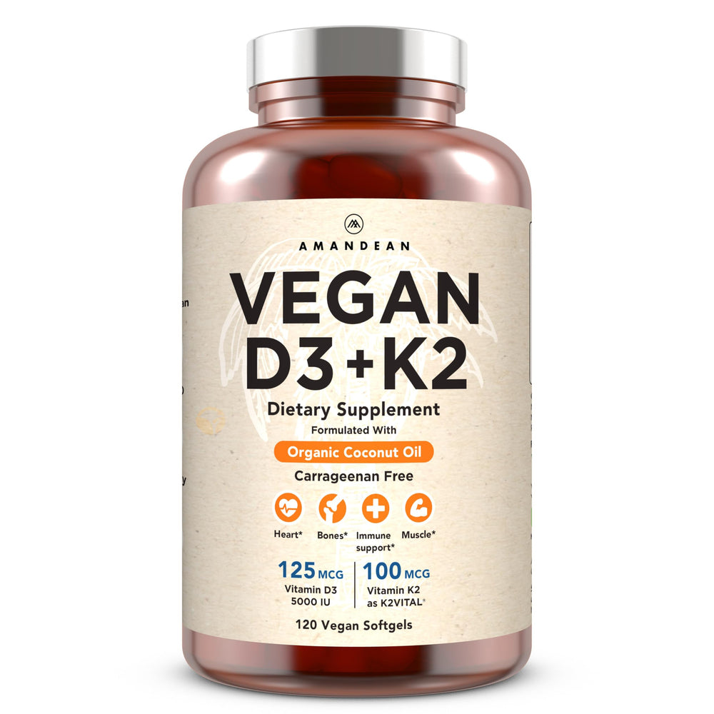 AMANDEAN vegan d3-k2 algal softgels illustrate a plant-based formula supporting bone health and immune resilience