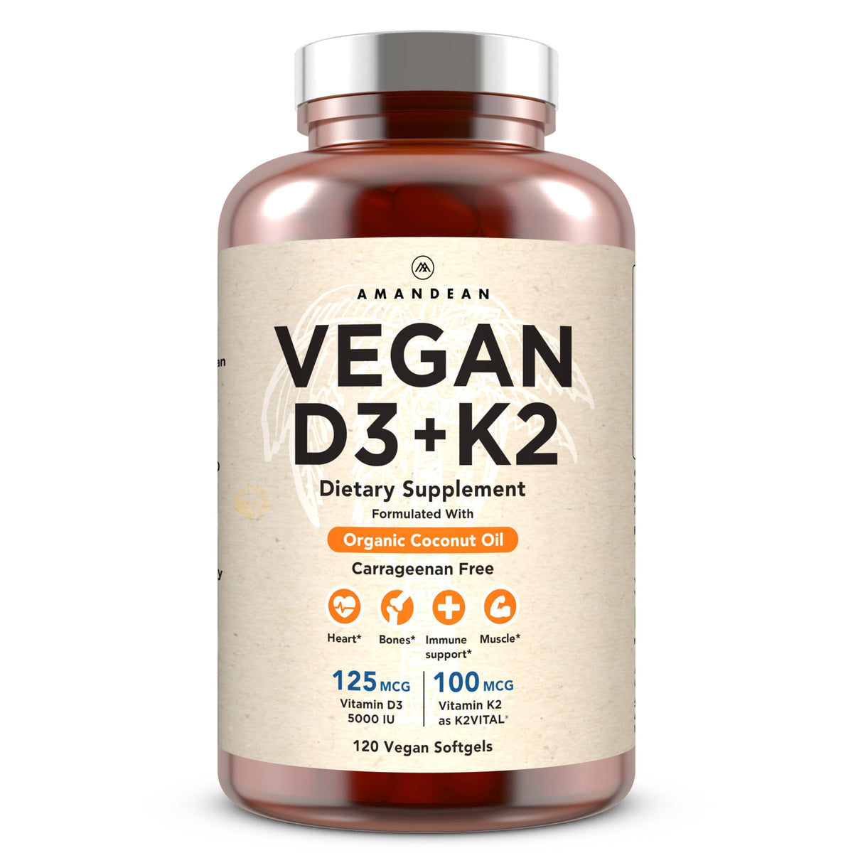 AMANDEAN vegan d3-k2 algal softgels illustrate a plant-based formula supporting bone health and immune resilience