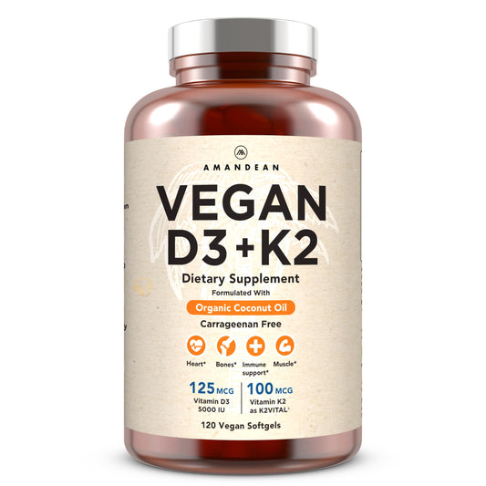 AMANDEAN vegan d3-k2 algal softgels illustrate a plant-based formula supporting bone health and immune resilience