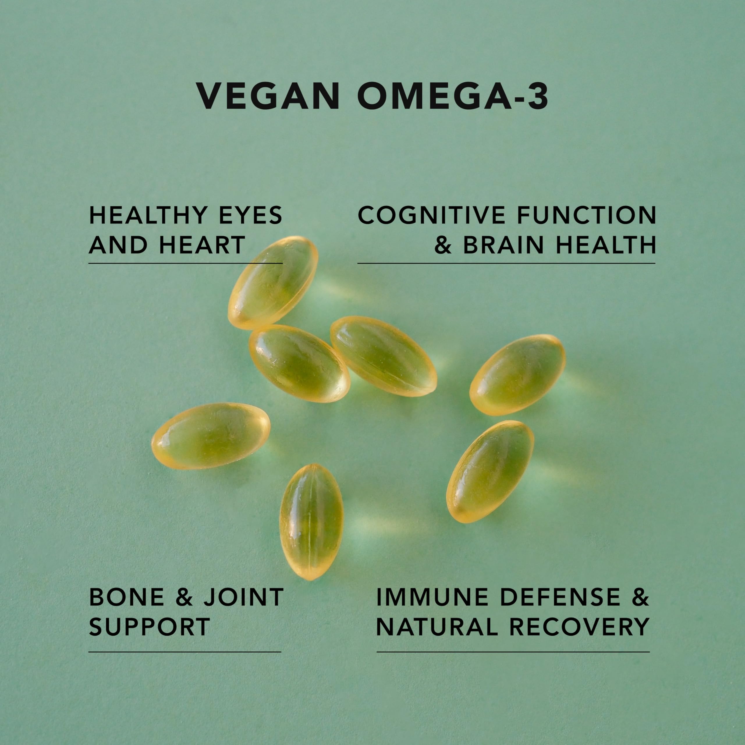 AMANDEAN vegan omega-3 softgels on shelf demonstrate non-GMO algae source.