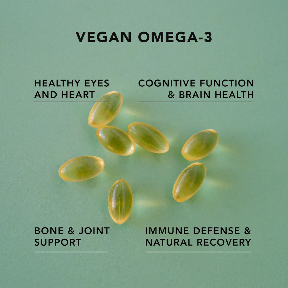 AMANDEAN vegan omega-3 softgels on shelf demonstrate non-GMO algae source.