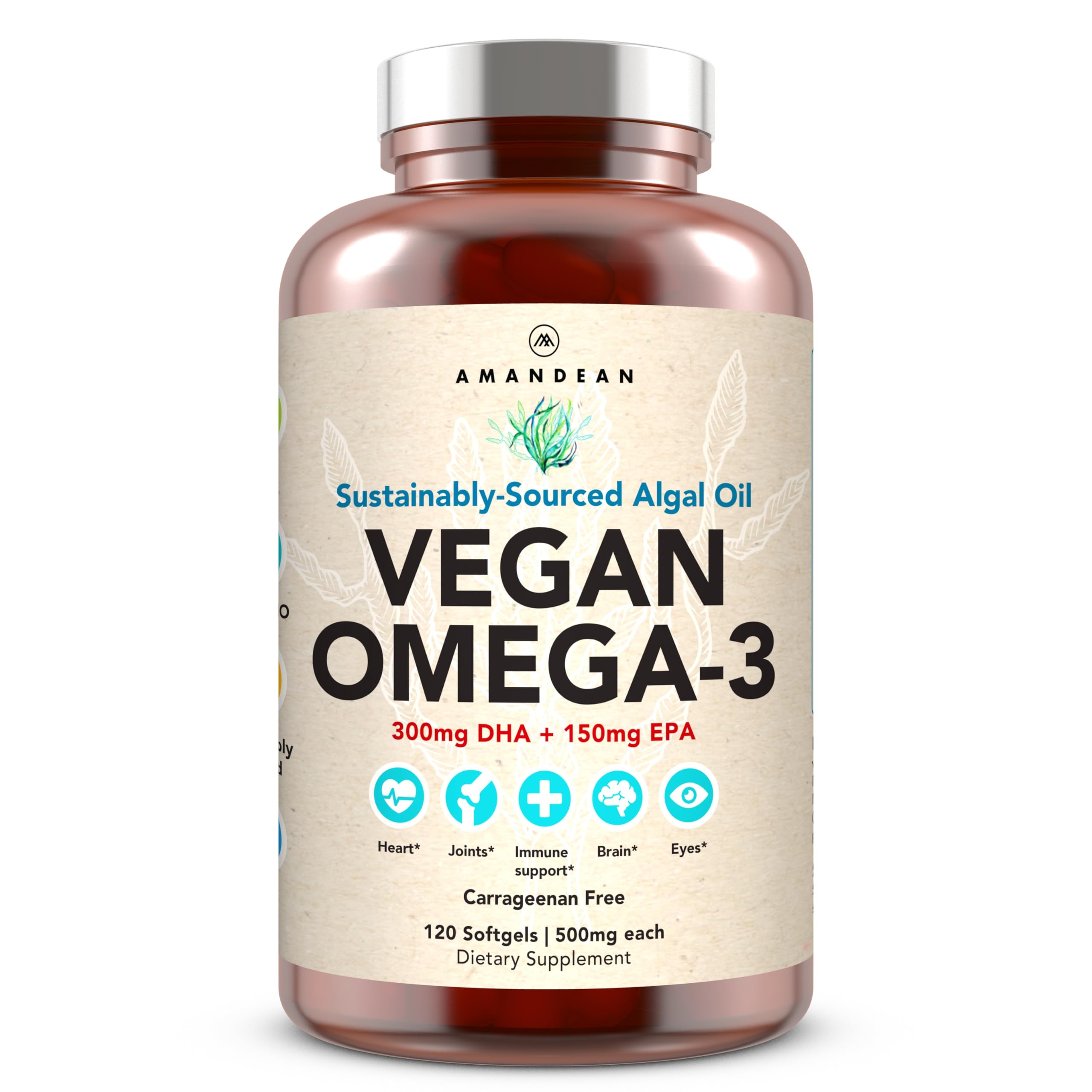 AMANDEAN vegan omega-3 softgel bottle highlights carrageenan-free algae oil for heart support.