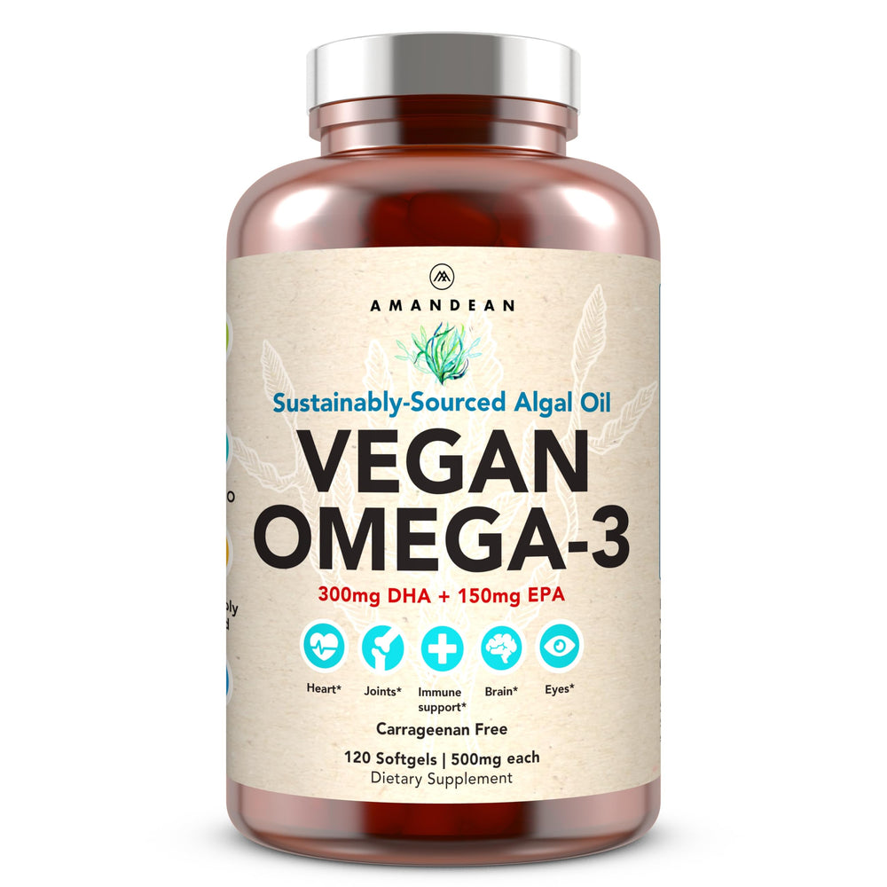 AMANDEAN vegan omega-3 softgel bottle highlights carrageenan-free algae oil for heart support.