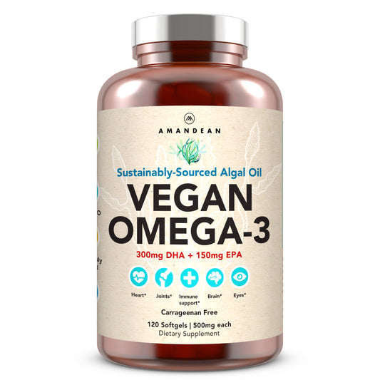 AMANDEAN vegan omega-3 softgel bottle highlights carrageenan-free algae oil for heart support.